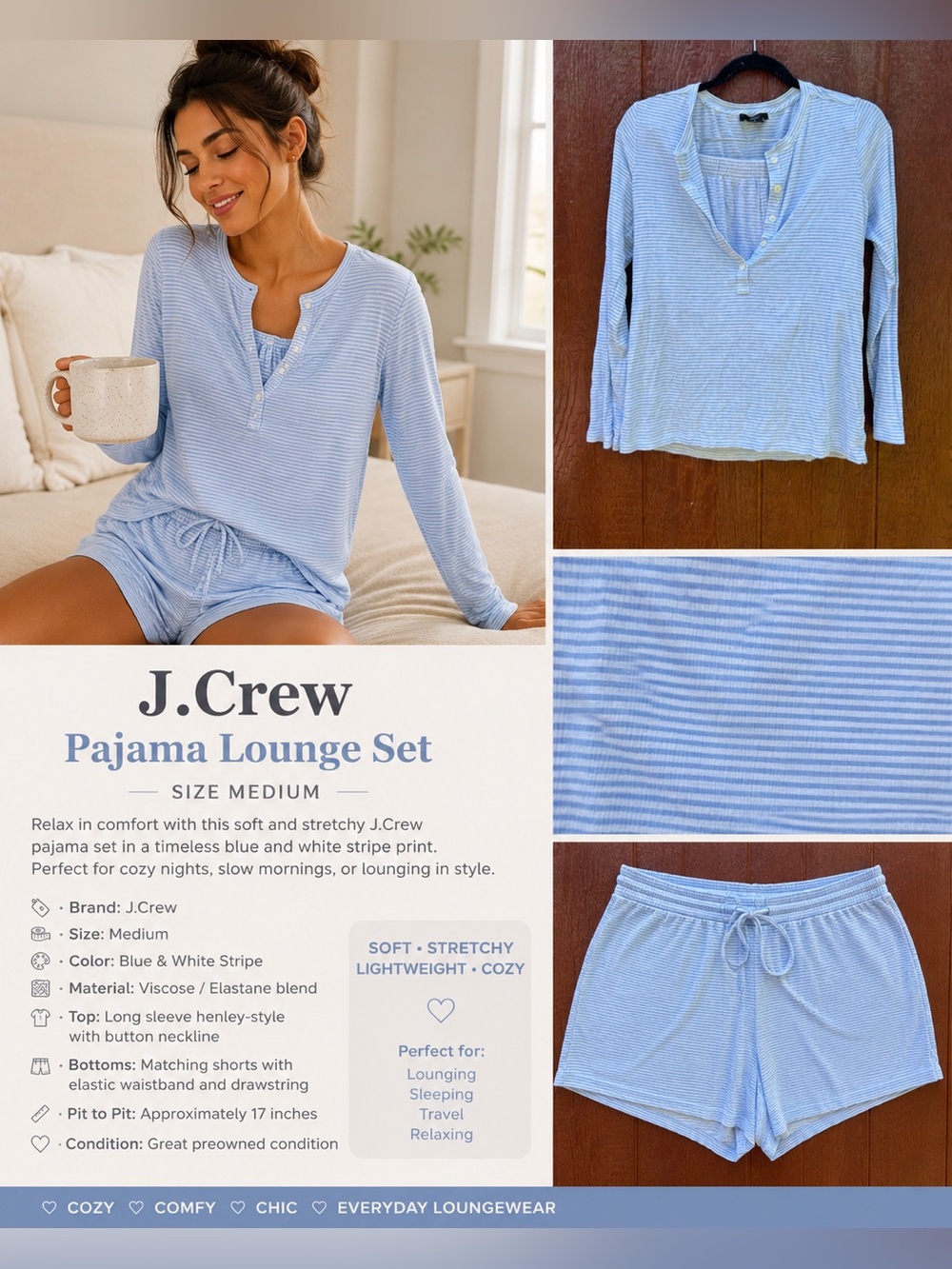 J.Crew Blue White Striped Pajama Lounge Set Size Medium Soft Viscose Stretch